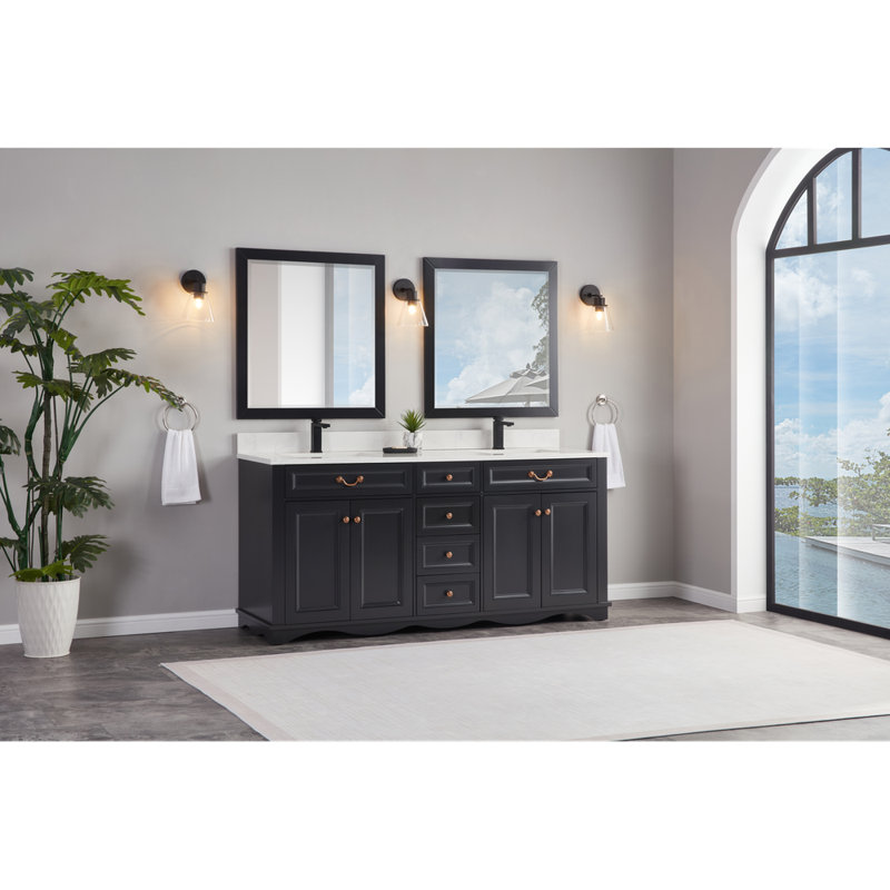 72" Solid Wood Sink Vanity  With 1' Artificial Stone Top, Tricorn Black