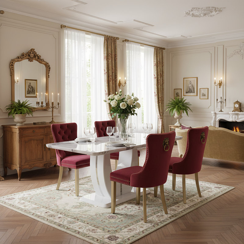 5-Piece Modern 63" Rectangular Faux Marble Dining Set with upholstered Tufted Velvet Chairs, Red