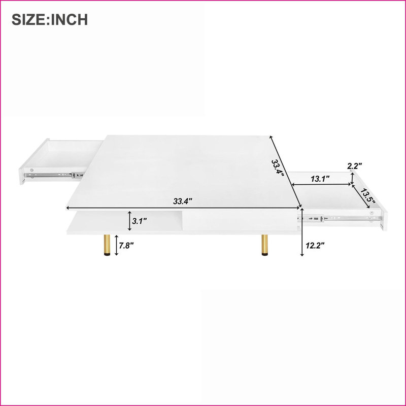Table basse blanche à 2 tiroirs avec pieds dorés, 2 niveaux faciles à nettoyer pour le rangement dans le salon Loisirs
