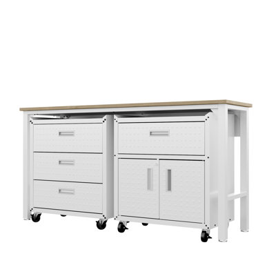 Fortress 72" W Workbench with 2 Mobile Garage Cabinets in White