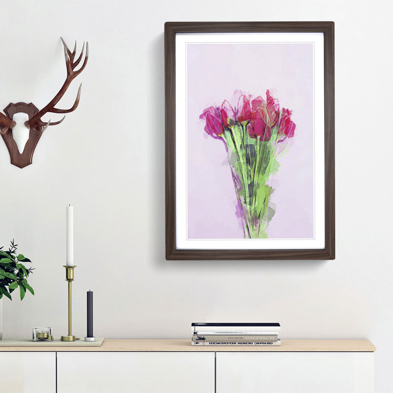 A Bunch of Pink Tulips in Abstract - Picture Frame Graphic Art Print, 36cm H x 27cm W x 2cm D, Walnut Framed