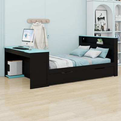 Lit de jour moderne en bois avec lit gigogne et bureau intégré - lumière DEL + chargement USB