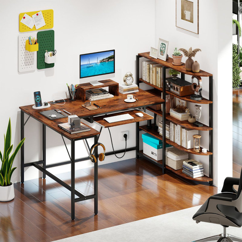 L-Shaped Metal Base Computer Desk, Brown/Black