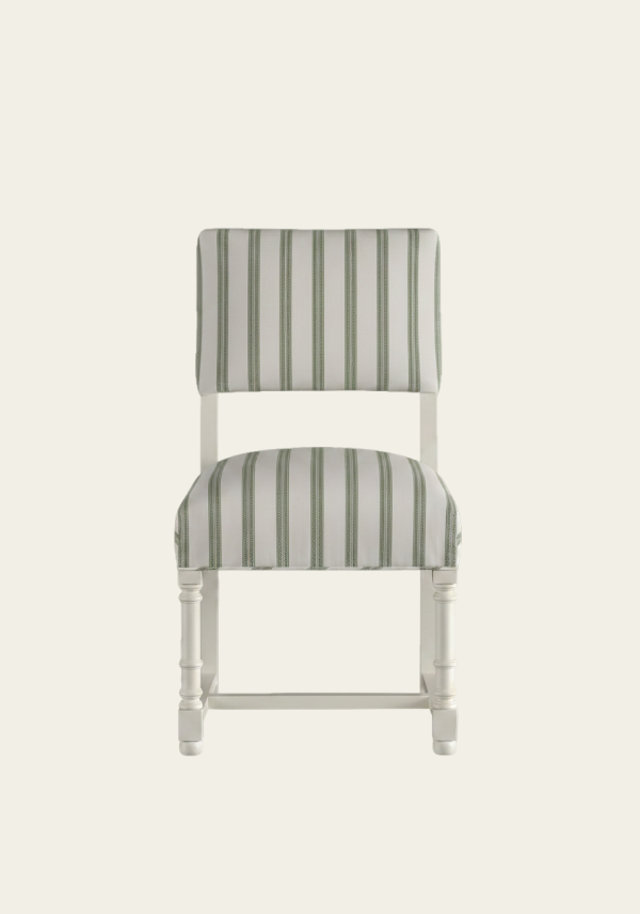 Upholstered parsons chair with green ticking stripe upholstery