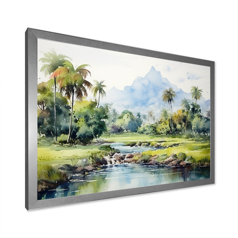 Paysage indonésien - Art mural Indonésie, H 24 po x l 32 po x P 1 po, Cadre de coin fermé argenté