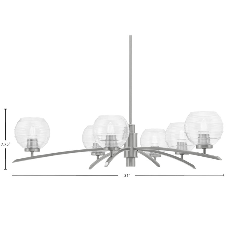 Lustre 6 lumières Kurve illustré en finition graphite avec verre nervuré de 6 po, Transparent