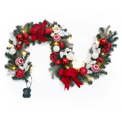 Guirlande de sapin de Noël pré-éclairée 6 pi - 20 DEL à piles avec minuterie - 8 modes d'éclairage - Arc rouge pour manteau de cheminée, escalier, intérieur / extérieur, couleur: rouge et blanc, taille: taille unique