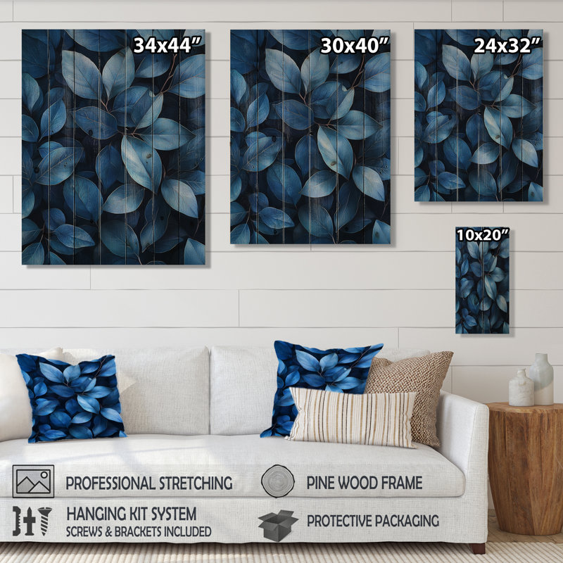 Échos de la forêt - Feuilles bleu marine - Décoration murale en bois de feuilles - Sur bois de pin naturel, H 40 po x l 30 po