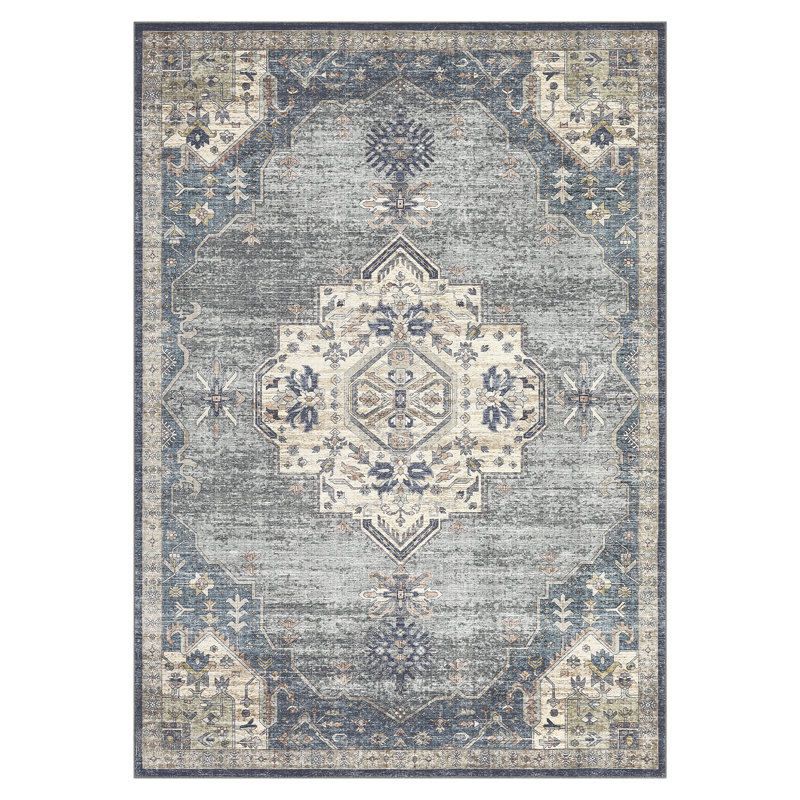 Tapis lavable à la machine Vintage, Bleu, Rectangle 5 pi x 7 pi