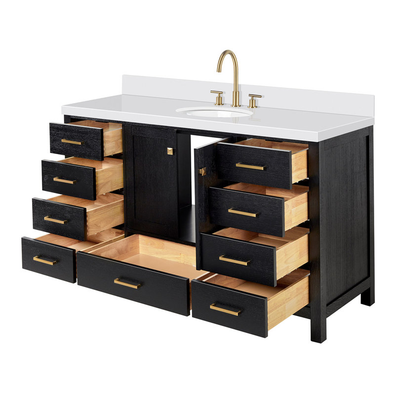 Amariani 61 in. W X 22 in. D X 35.25 in. H Vanity With Quartz Vanity Top With Basin, Black Oak