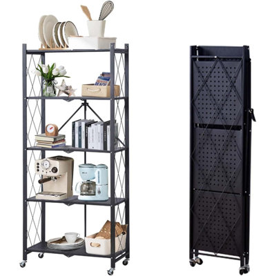 5 Tier Storage Shelf with Wheels Metal Collapsible Shelving Unit Display, Heavy Duty Folding Shelves, No Assembly Organizer Rack for Garage Kitchen Basement Pantry