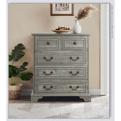 Commode à 5 tiroirs Farmhouse avec texture rustique naturelle, design rétro pour le rangement de la chambre à coucher et du salon, blanc antique