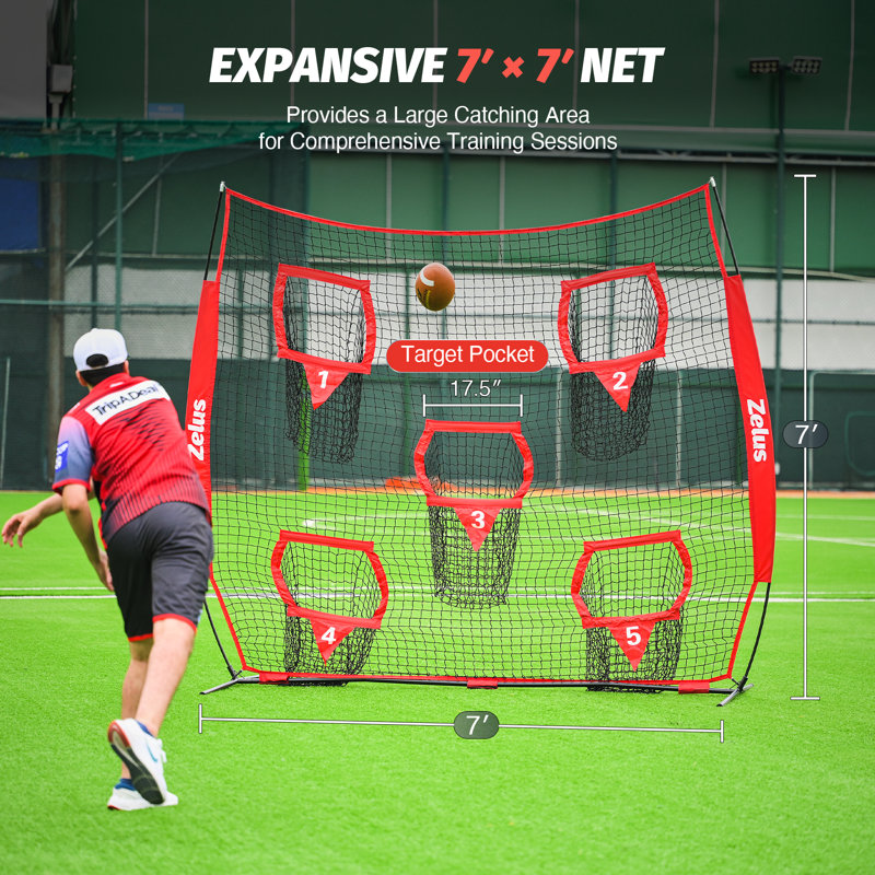 7 x 7 pi, filet de lancer de football rouge, équipement d'entraînement de quart avec 5 poches ciblées, Rouge