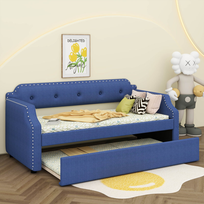 Twin Size  Linen Upholstered Daybed Sofa Bed With Pull-Out Trundle Design, Blue