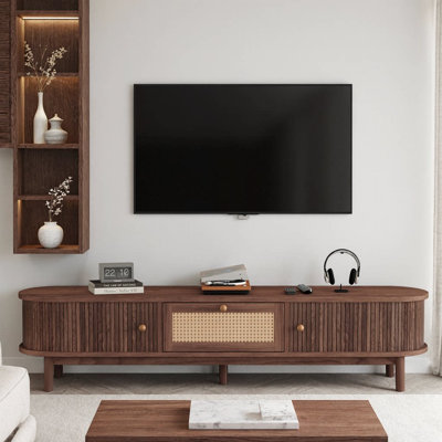 66.9" Modern TV Stand for TVs Up to 75 Inches | Rattan‑Front Drawer, 2 Sliding‑Door Cabinets | Dark Brown Media Console with Solid Wood Legs, Waterproof Finish for Living Room