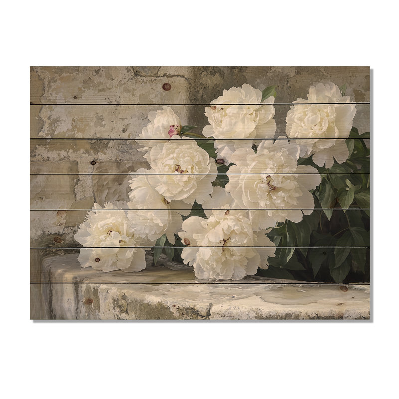 Pivoines près de la ferme, puits I - impression de bois de pivoines - sur bois de pin naturel, H 34 po x l 44 po x P 0,78 po