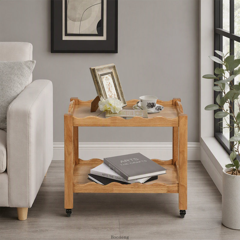 Table d'appoint roulante en bois d'hévéa massif à 2 niveaux avec roues verrouillables et plateau amovible