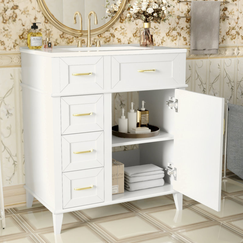 Meuble-lavabo de 30 pouces avec lavabo en céramique, tablette réglable, porte à fermeture en douceur et trois tiroirs à fermeture en douceur