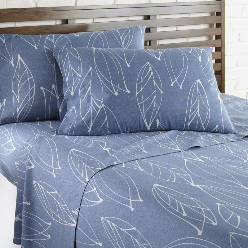 Twin Blue Microfiber Modern Foliage Print Sheet Set