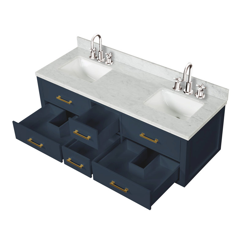 60" Wall-Mounted Double Bathroom Vanity Set with Mirror, White Carrara Marble, Blue
