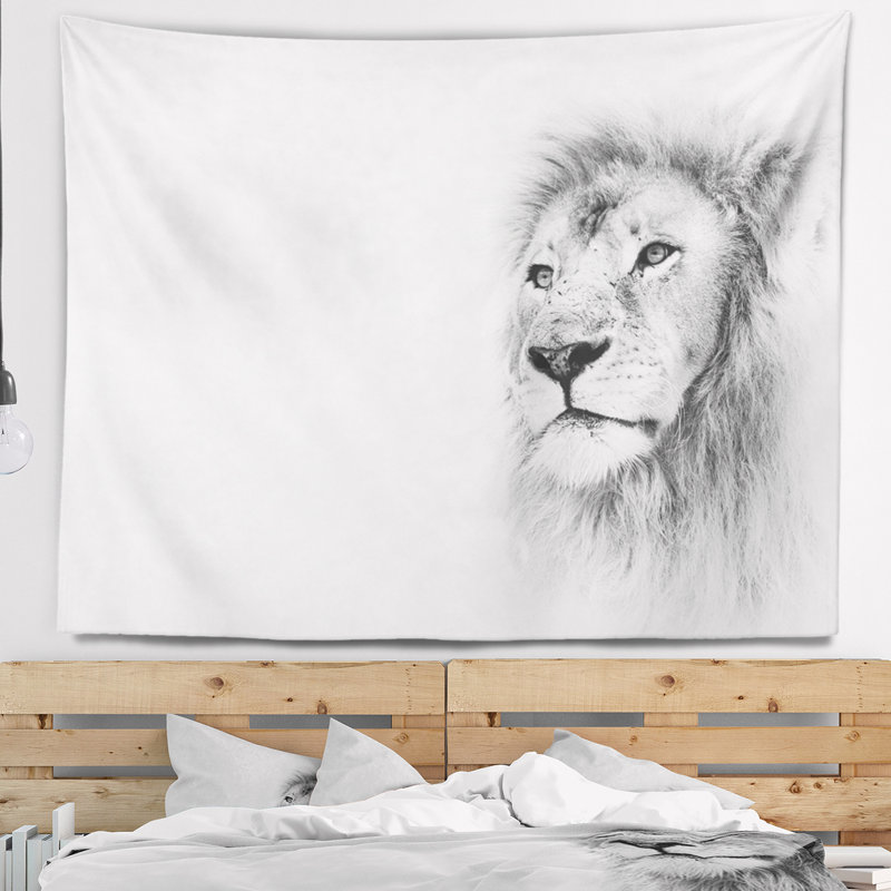 Tête de lion animal sur carte tapisserie, H 32 po x l 39 po