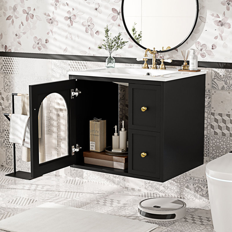 Meuble-lavabo mural avec lavabo en céramique, Noir