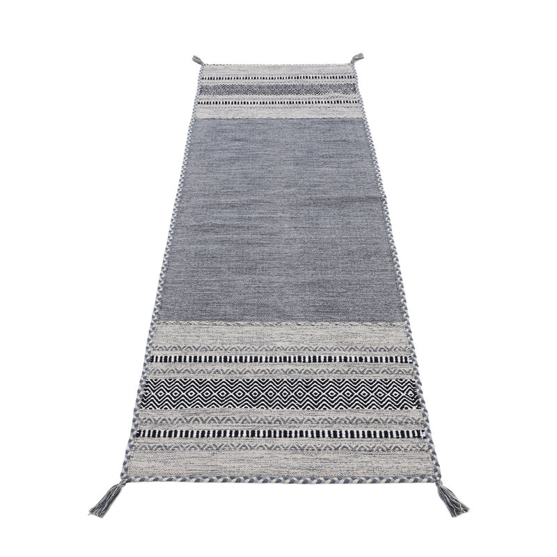 Azizi Striped Hand Woven Cotton Grey Rug, Runner 80 x 300cm