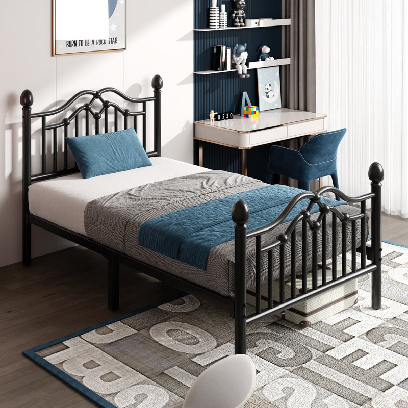 Twin Black Metal Frame Bed with Decorative Headboard and Slats
