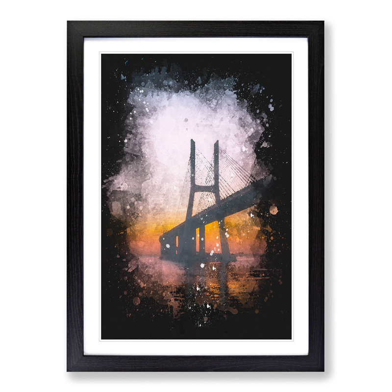 Vasco Da Gama Bridge in Portugal Abstract - Picture Frame Painting Print, 87cm H x 62cm W x 2cm D, Black Framed