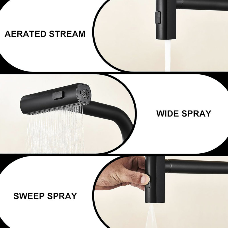 Pull Down Spray Kitchen Faucet In Matte Black, 360 Rotation, Single Handle, Hot And Cold Water, Three Functions Faucet, Rotatable, Modes Selectable