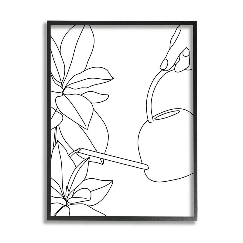 Arrosoir et fleurs printanières - Dessin, H 20 po x l 16 po, Giclée encadrée noir minuit