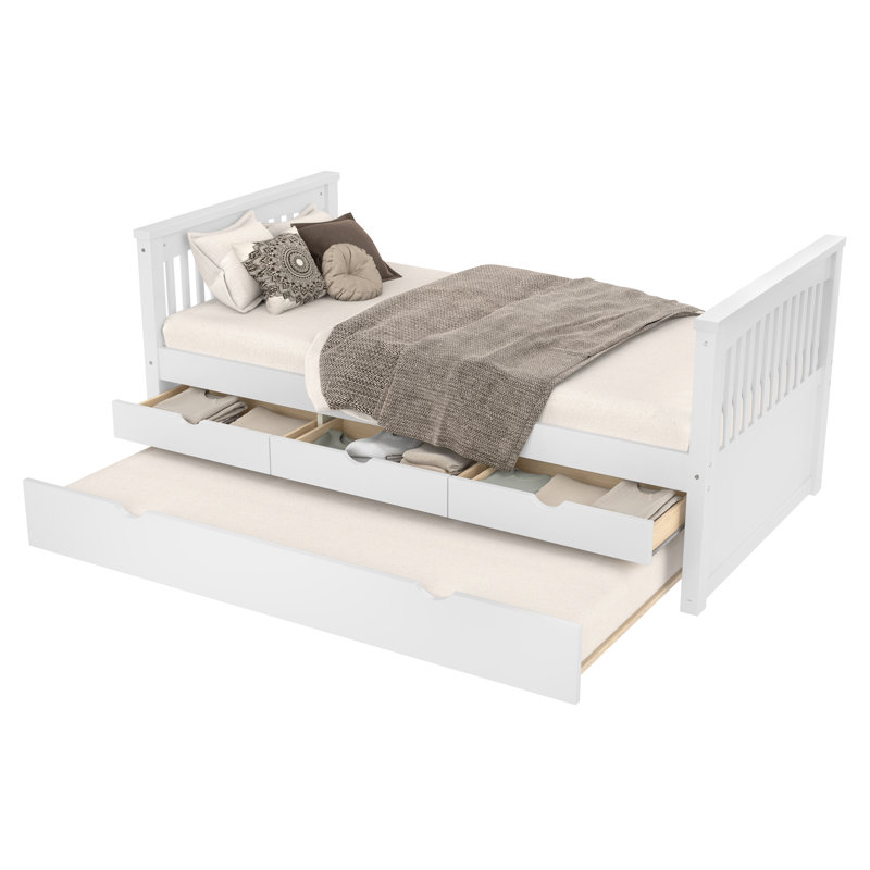 Lit plateforme simple avec tiroirs et lit gigogne, lit de jour en bois massif, sans sommier, blanc, Blanc