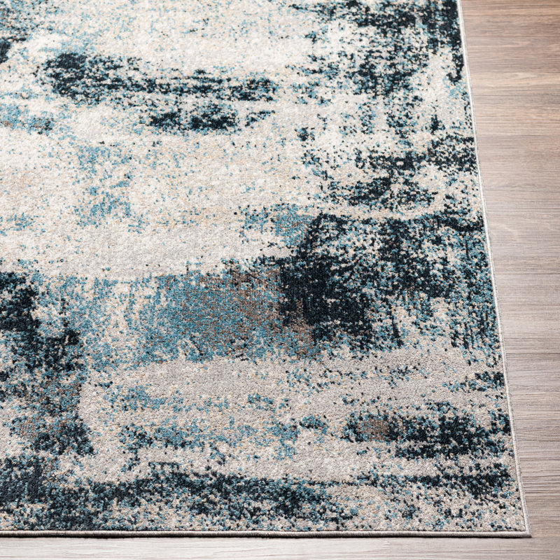 Stuckey Abstract Machine Woven Blue/White Area Rug, Rectangle 6'7" x 9'