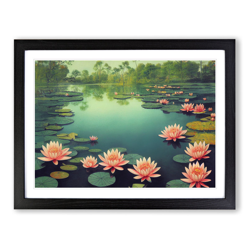 Exclusive Water Lily Pond - Single Picture Frame Painting, Black, 46cm H x 64cm W x 2cm D
