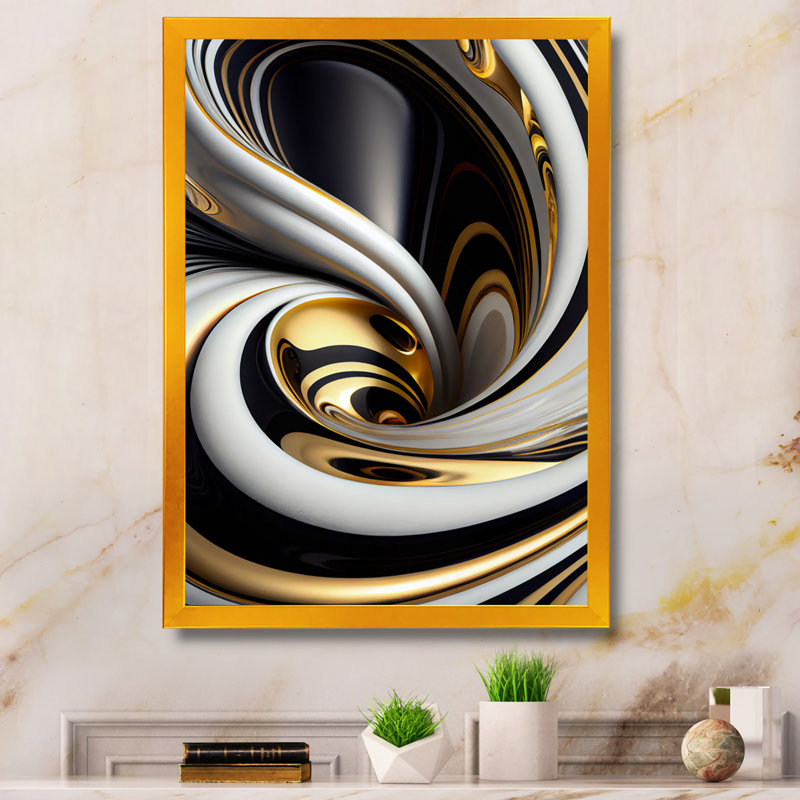 Or noir et blanc vitrail I - abstrait spirales sur toile, art mural, H 20 po x l 12 po, Toile avec cadre photo, Doré