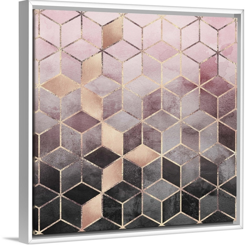 " Pink Grey Gradient Cubes ", 37.7" H x 37.7" W x 1.75" D, White Framed