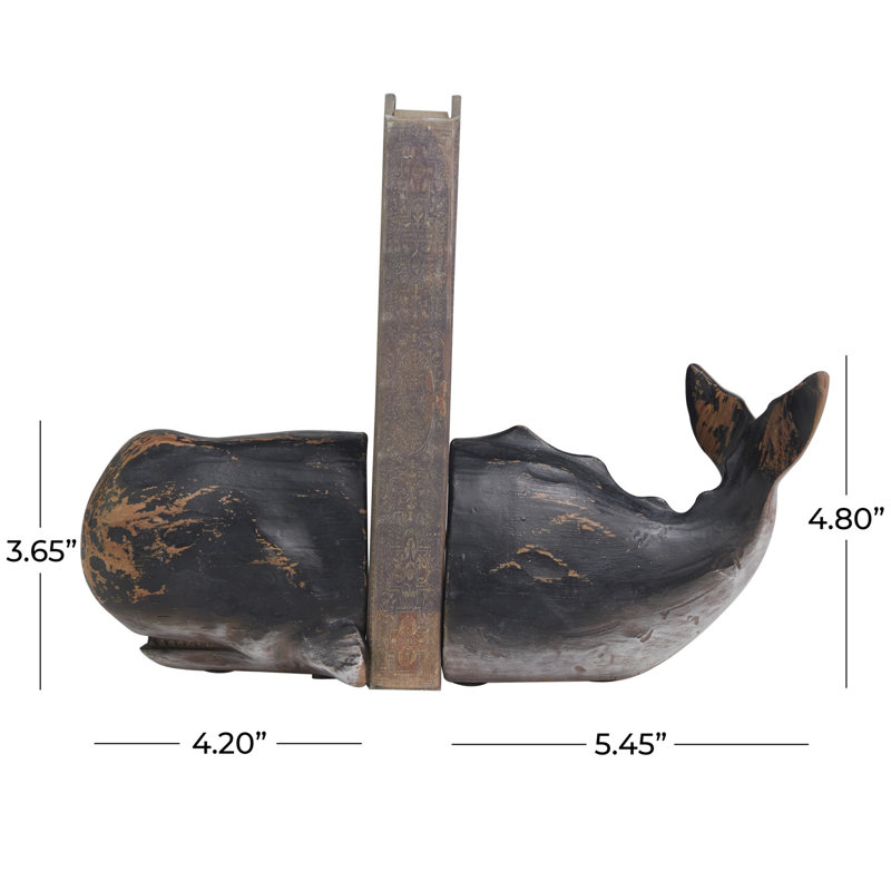 Whale Polystone Bookend Set, Noir