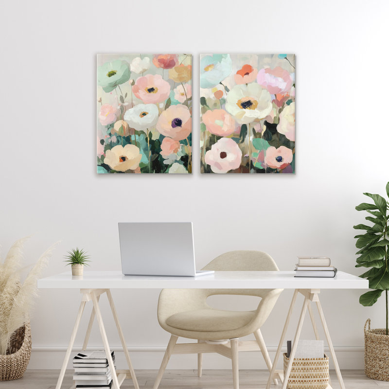 Ensemble de 2 toiles Minty Garden Flowers, design par Annabelle Hall, H 20 po x l 16 po