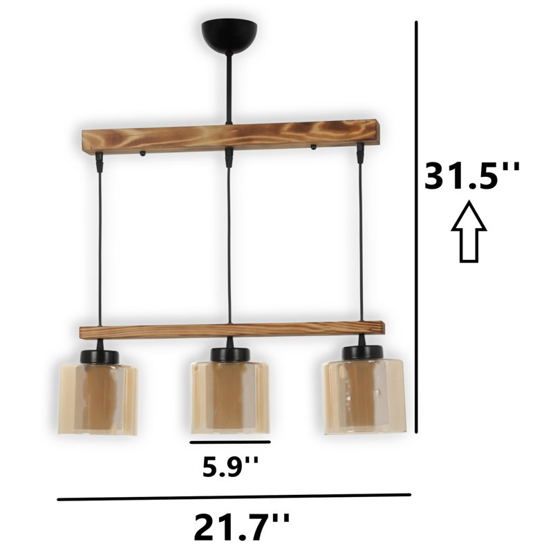Luminaire suspendu linéaire en bois avec abat-jour en verre à hauteur réglable 3 lumières Larkspur, Naturel