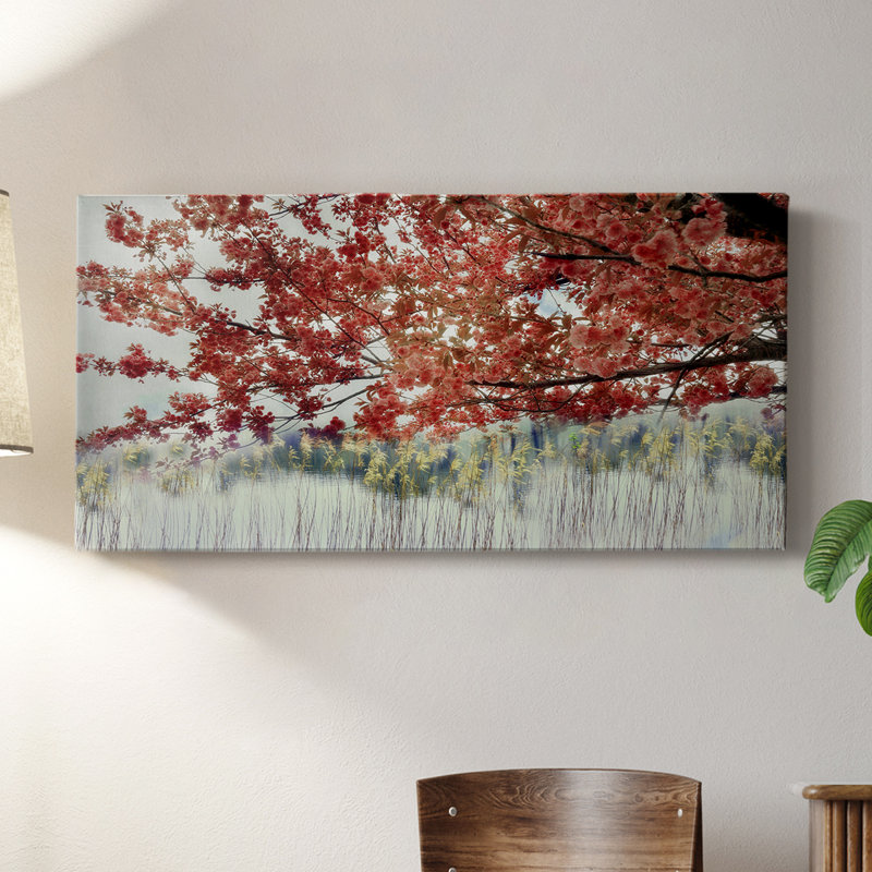 Sakura sur le lac II - Toile tendue avec châssis - Prêt à accrocher, H 24 po x l 48 po