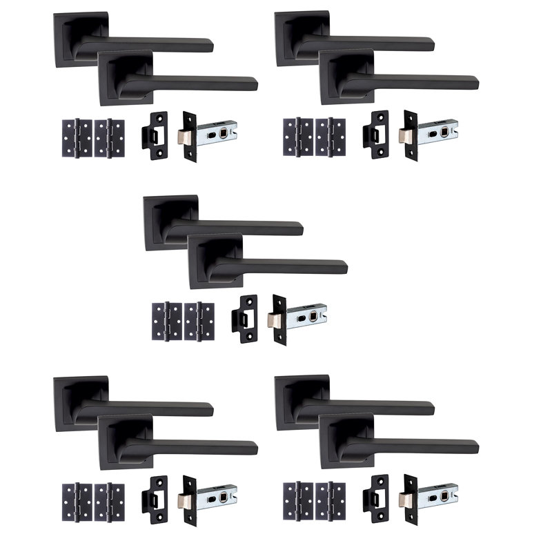 5 Sets Sigma Design Door Handles on Square Rose in Matt Black Finish with 64mm Latches and Pair of 3" Ball Bearing Hinges