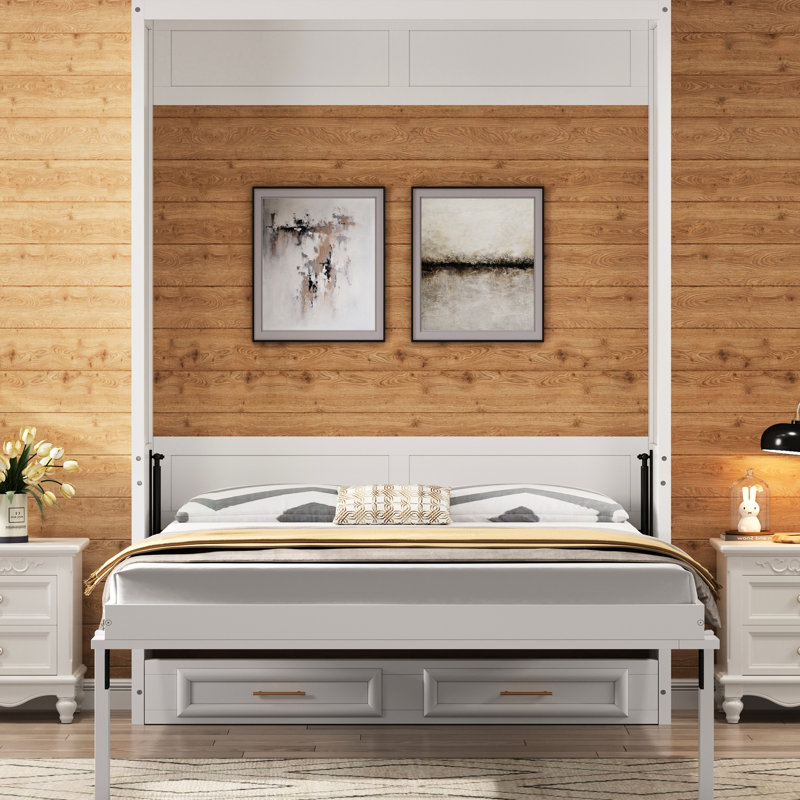 Lit double beige avec 2 tiroirs, bois de pin de haute qualité et conception pliante peu encombrante pour un coin bureau robuste, petite chambre