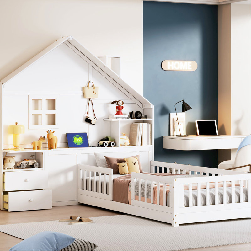 Lit simple blanc avec fenêtre, tiroirs de rangement, fenêtre de chargement et étagère