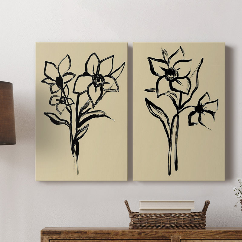Encre florale à l'encre I - Toile tendue avec châssis de qualité supérieure - Prêt à accrocher, H 18 po x l 24 po