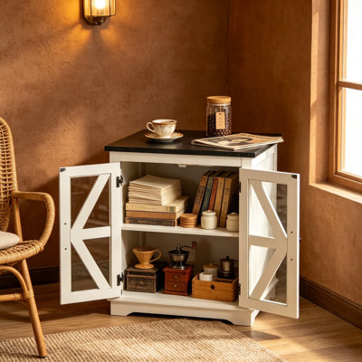 Farmhouse End Table with Storage, Rustic Square Sofa Side Table with Glass Barn Door, Wood Nightstand for Living Room, Bedroom, Office, White