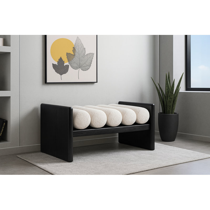 Waverly Boucle Wood Bench, 18" H x 32" W x 19" D, Cream Boucle Fabric / Black Finish