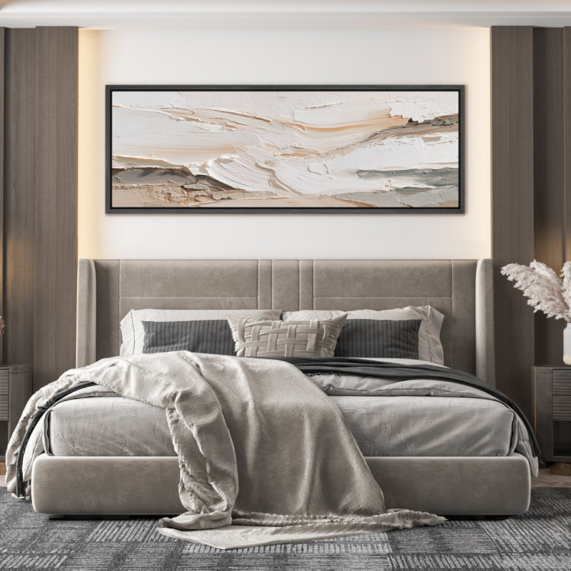 Neutre crème et blanc abstrait, art mural sur toile encadrée, H 20 po x l 60 po, Noir