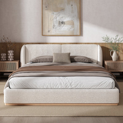 Queen Size Bed Frame with Boucle Upholstered Wingback Headboard, Solid Wood Base, White