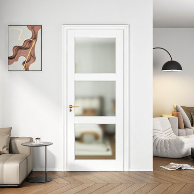 30" X 80"3-Lite French Interior Tempered Frosted Glass Door Slab For Pantry Doors, French & Pocket Doors, Solid Core Interior Door W/O Hardware Kit, Prehung Jamb Or Borehole, White