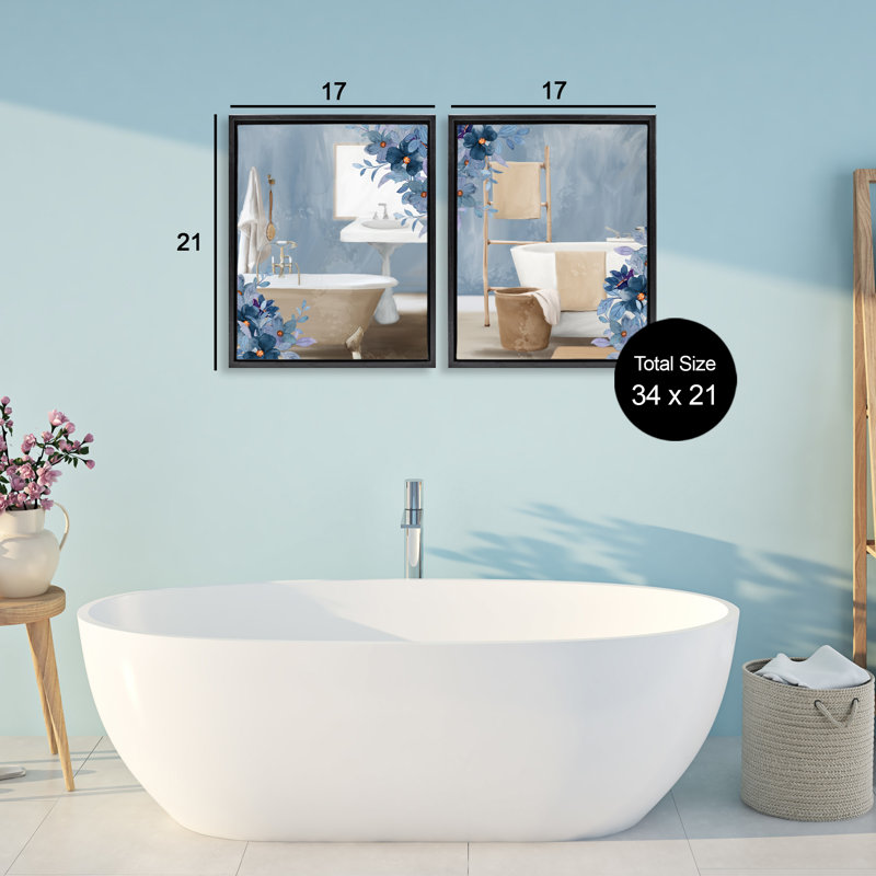Ensemble de cadres flottants 2 pièces Bathroom Blues Floral, design par Kim Allen, Cadre flottant noir de jais